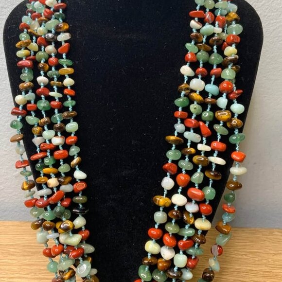 Vintage Natural Jade and Multi Gemstone 3 Strand Chip Bead Necklace - Picture 2 of 6